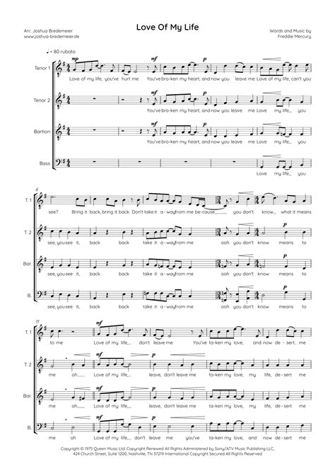 Love Of My Life Arr Joshua Bredemeier By Queen Sheet Music For Ttbb