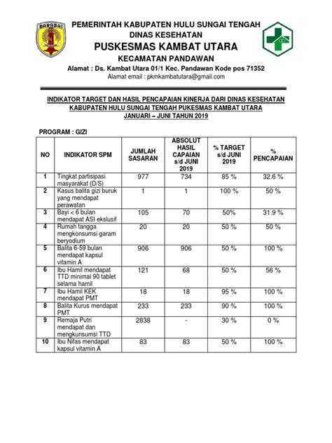 Gizi Indikator Target Dan Hasil Pencapaian Kinerja Dari Dinas Kesehatan Kabupaten Hulu Sungai