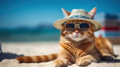 Un Gato Con Sombrero Y Gafas De Sol En La Playa Foto Premium