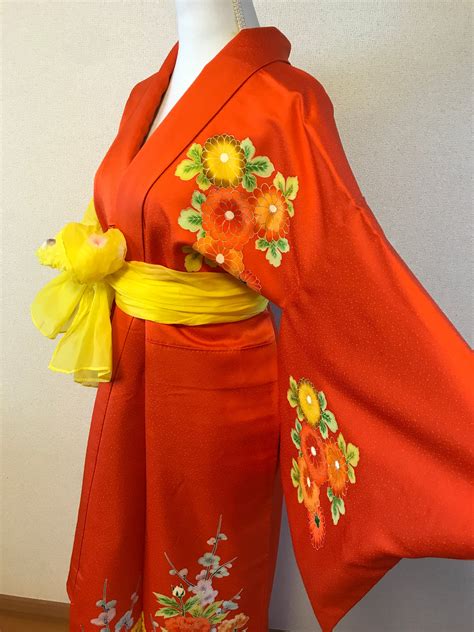 Kimono/japanese Kimono/tsukesage/orange/flowers/ Silk Kimono/kimono ...