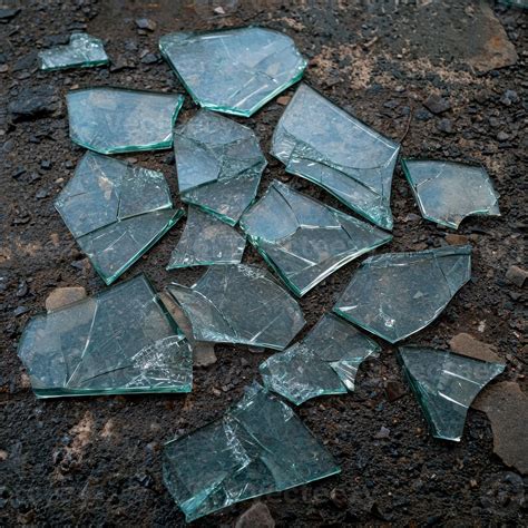 broken glass shards scattered   ground  stock photo