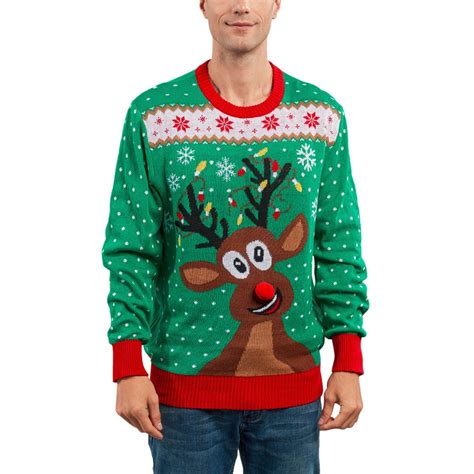 Mens Green Reindeer Pattern Knit Ugly Christmas Sweater