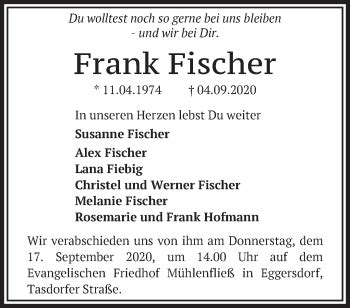 Traueranzeigen Von Frank Fischer M Rkische Onlinezeitung Trauerportal