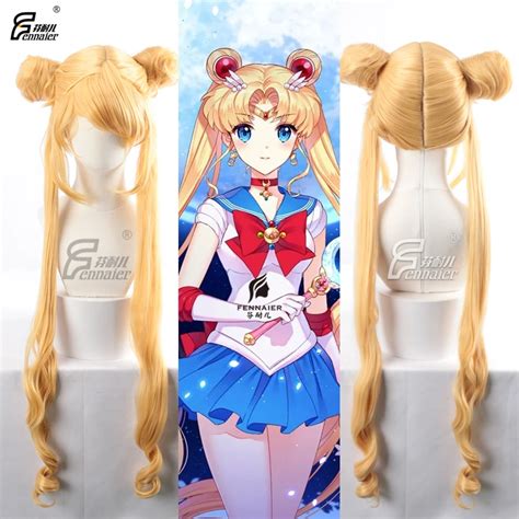 Anime Sailor Moon Tsukino Usagi Cosplay Wig Cos 90cm Gold Color High Temperature Silk Wig