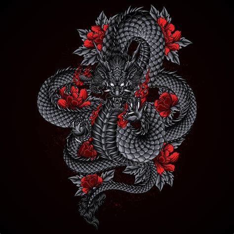 Premium Vector Black Dragon With Red Flower Vector Illustration