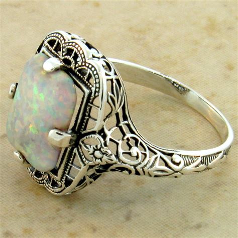 VICTORIAN 925 STERLING SILVER ANTIQUE STYLE LAB OPAL FILIGREE RING