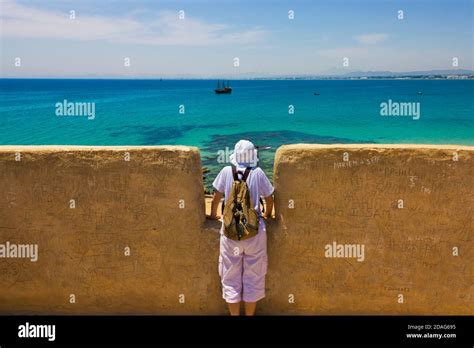 Tourist Watch Boat In The Sea From The Fort Hammamet Tunisia Stock