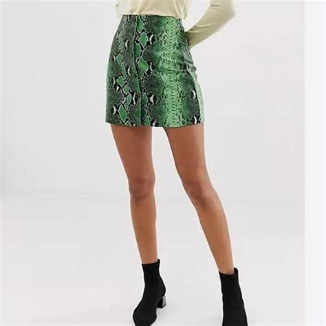 Green Faux Snakeskin Miniskirt Snap Closures 26 Depop