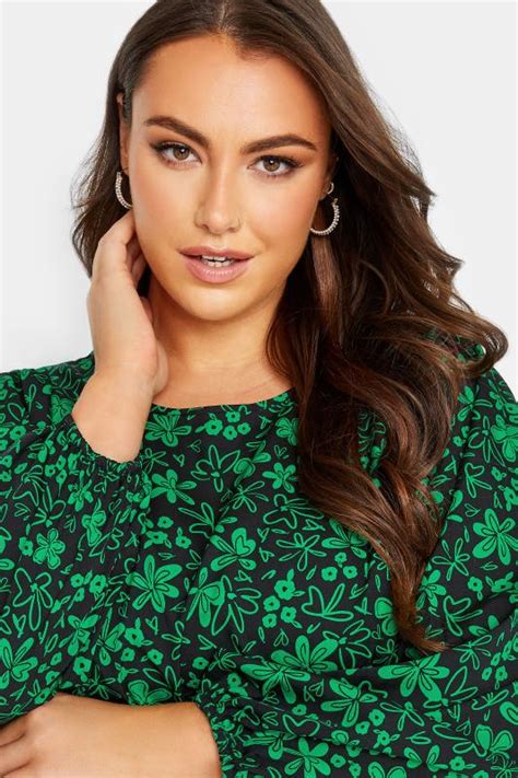 Curve Plus Size Green And Black Floral Balloon Sleeve Shirred Waist