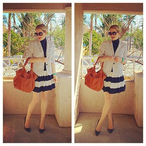 Navy And White Outfit With Nude Fishnet Tights