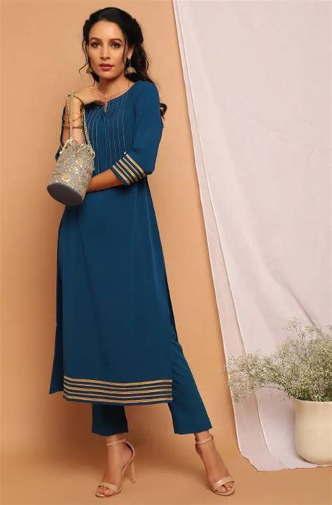 Buy Janasya Womens Teal Poly Crepe Straight Kurta With Pant Online At