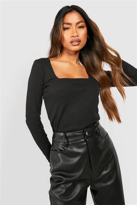 Black Square Neck Long Sleeve Top Boohoo Uk