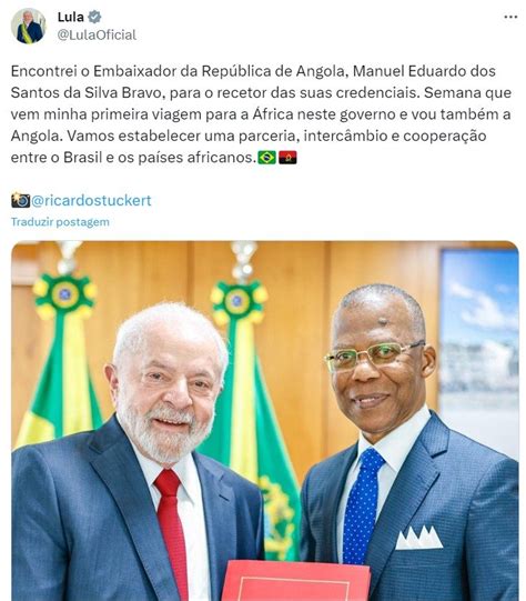 Antes de visita a Angola Lula recebe credenciais do embaixador do país