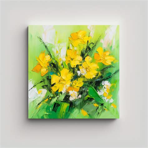 Pintura Lienzo Adorno Amarillo Y Verde Flores De Alta Calidad Decocuadros