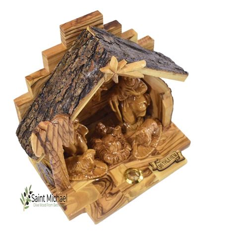 Bethlehem Wooden Nativity Set With Bark Roof Made Of Olive Etsy