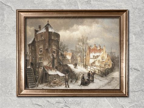 Rustic Village Painting Vintage Winter Print Warm Tone Cityscape Wall ...