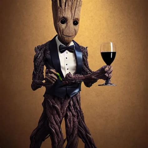 Realistic Groot As A Gentleman Wearing Tuxedo Drinking Stable