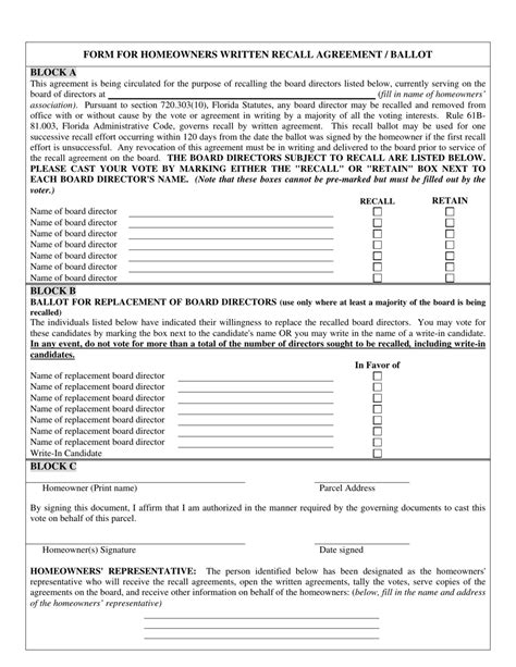 Florida Form For Homeowners Written Recall Agreement Ballot Fill Out