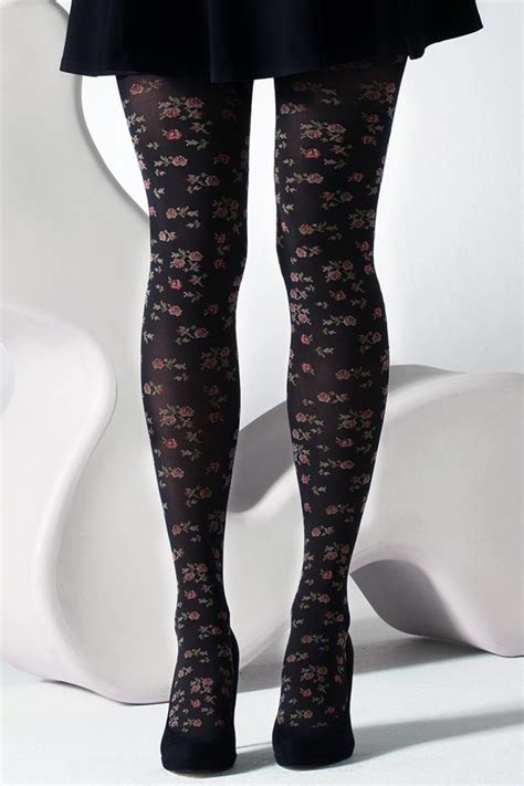 60s Ditsy Flower Jacquard Tights In Black