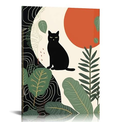 Comio Mid Century Minimalist Canvas Wall Art Black Cat With Abstract