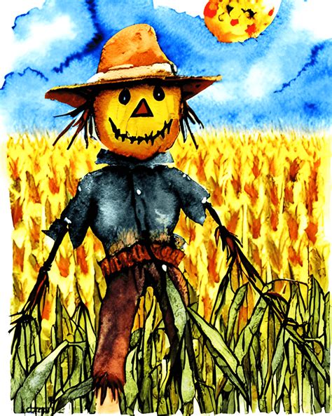 Scarecrow in the Corn Field Watercolor Illustration · Creative Fabrica