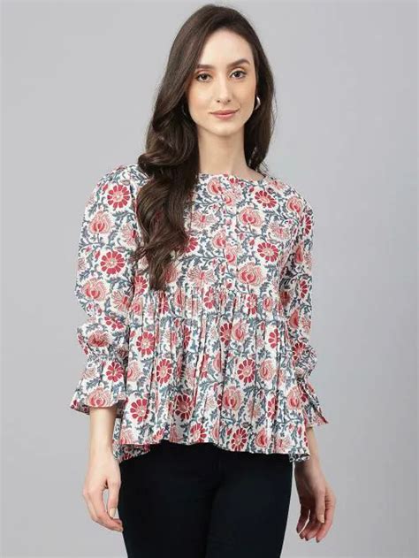 Buy Janasya Womens White Cotton Floral Print Flared Top Online At Best