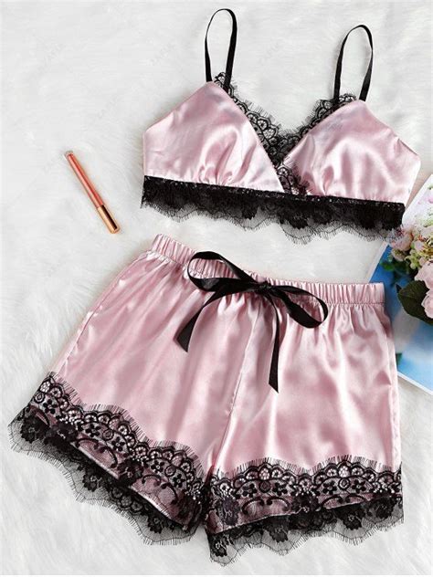 [30 Off] 2021 Eyelash Lace Satin Cami Shorts Pajama Set In Pink Zaful