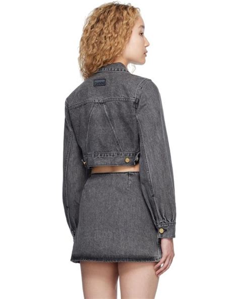 Ganni Gray Cropped Denim Jacket Lyst