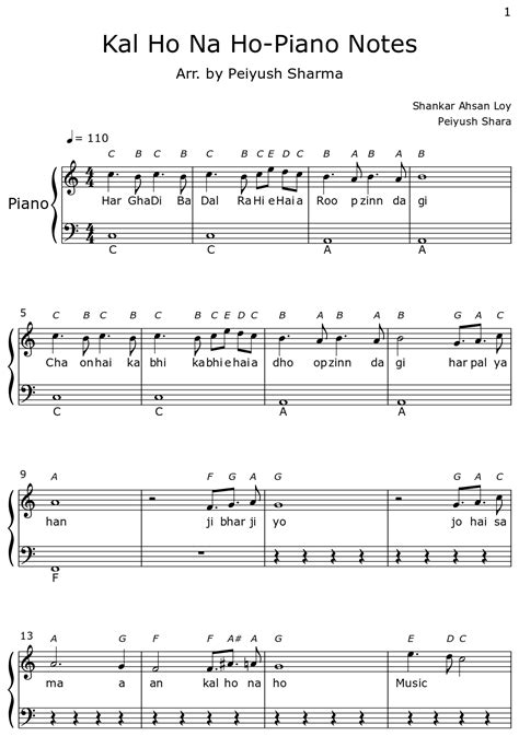 Kal Ho Na Ho-Piano Notes - Sheet music for Piano