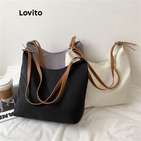 Lovito Casual Plain Zipper Shoulder Tote Bag For Women L Ad Khaki