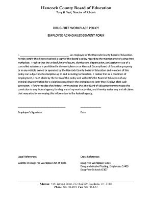 Fillable Online Drug Free Workplace Acknowledgement Form Hancock