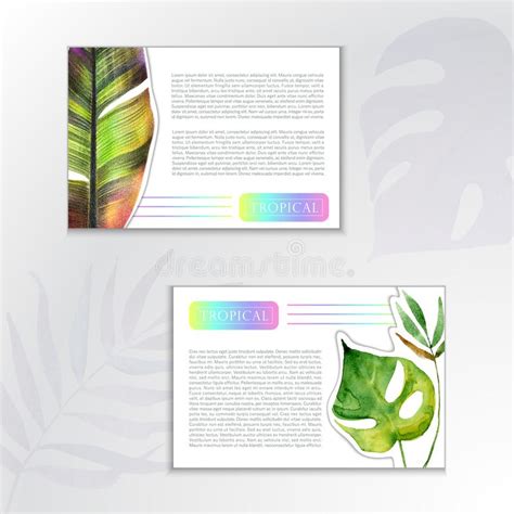 Set Of Watercolor Backgrounds Two Cards With Green Tropical Leaves Of