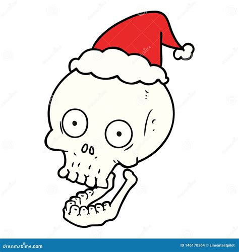 Hand Drawn Line Drawing Of A Skull Wearing Santa Hat Stock Vector