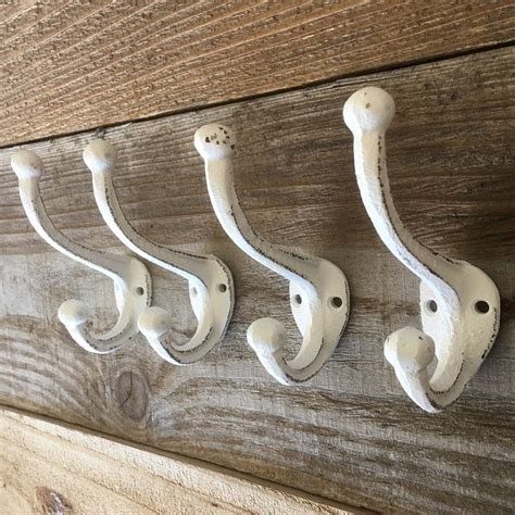 Set Of 4 Rustic White Cast Iron Wall Mounted Hooks Vintage Inspired