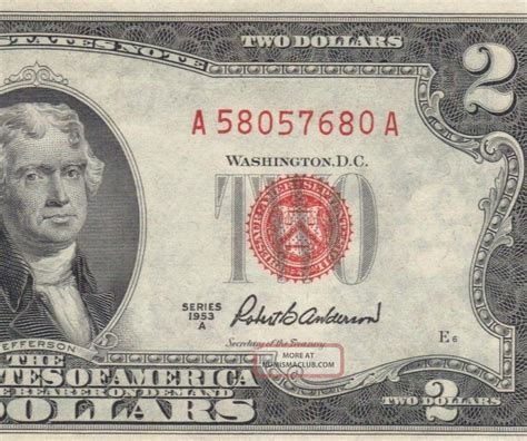 Au Crisp 1953a Red Seal $2. 00 Jefferson Note, Two Dollar Bill A58057680a