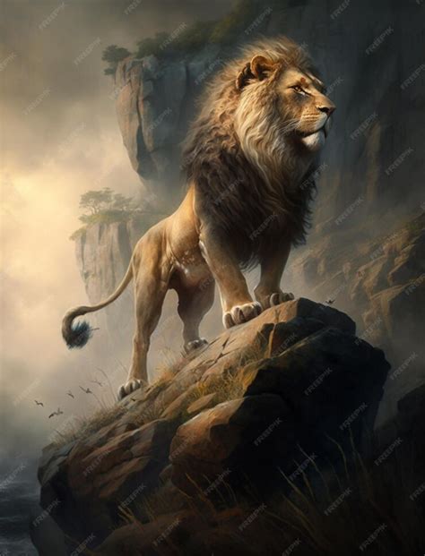 Premium Ai Image A Lion Standing On A Cliff With A Mountain In The