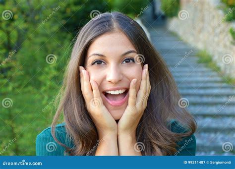 Surprised Excited Young Woman Holding Her Face Showing Smile Stock ...