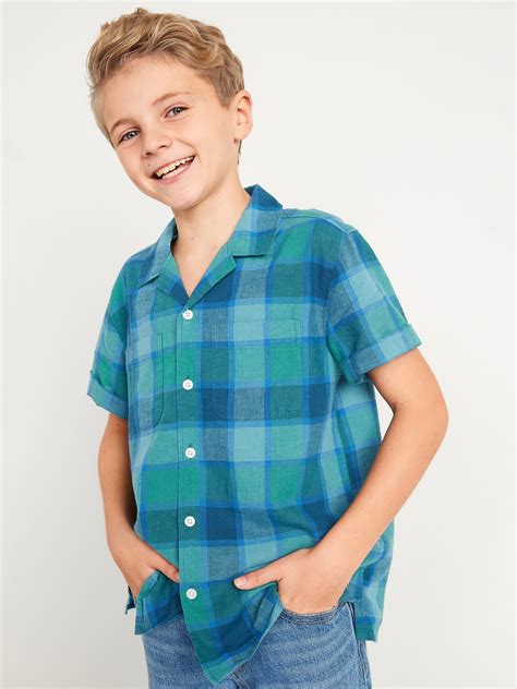 Short Sleeve Matching Plaid Linen Blend Shirt For Boys Old Navy