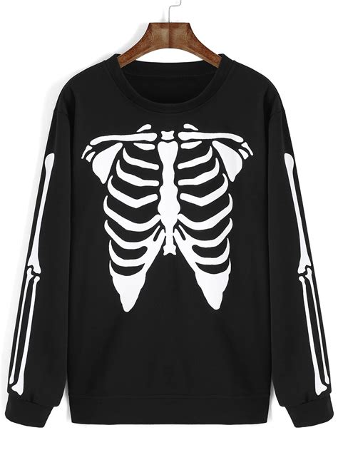 Skeleton Print Loose Black Sweatshirtfor Women Romwe