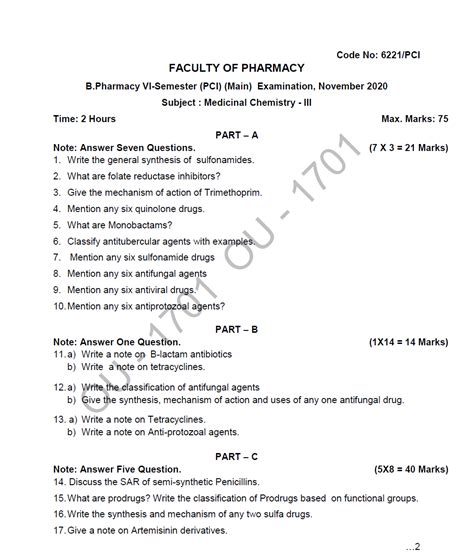 Osmania University B Pharmacy Vi Semester Pci Main Subject