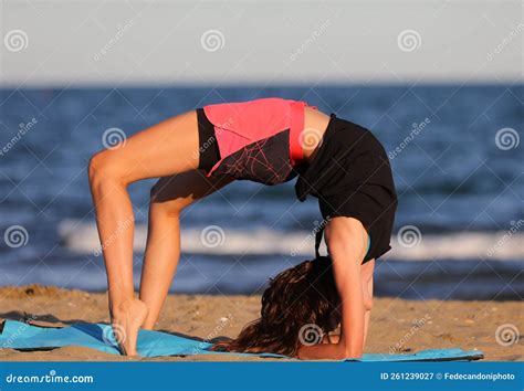 Young Girl Does Gymnastics Arching Her Back Stock Image Image Of