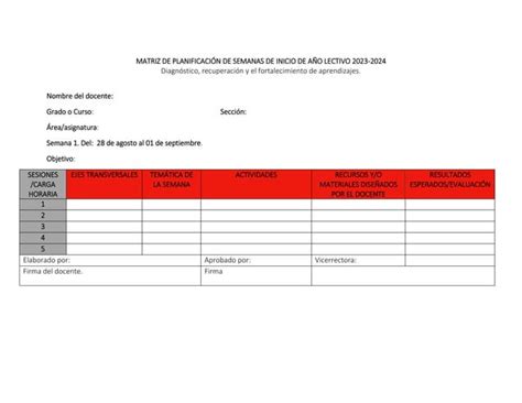 MATRIZ DE PLANIFICACIÓN DE SEMANAS DE INICIO DE AÑO LECTIVO 2023 docx