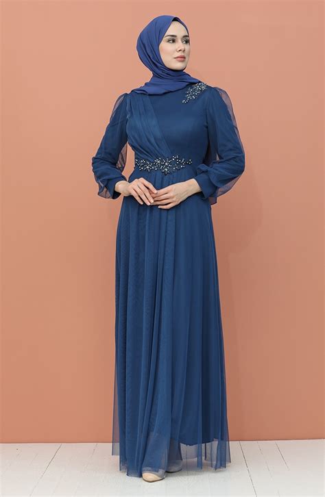 Indigo Hijab Evening Dress Sefamerve