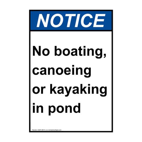 Vertical No Boating Canoeing Or Kayaking In Pond Sign Ansi Notice