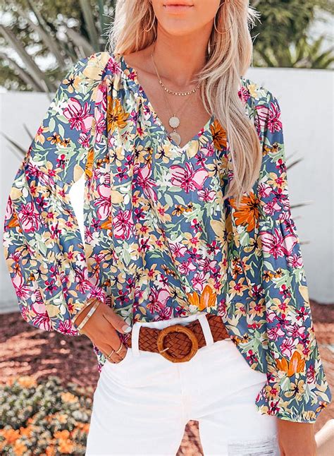 Astylish Women's Spring Tops Casual Boho Floral Print V Neck Long ...