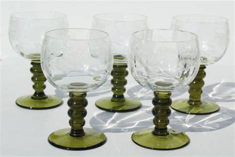 vintage Roemer Rhein wine glasses, green stem etched glass low goblets