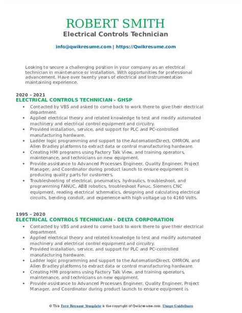 Electrical Controls Technician Resume Samples Qwikresume