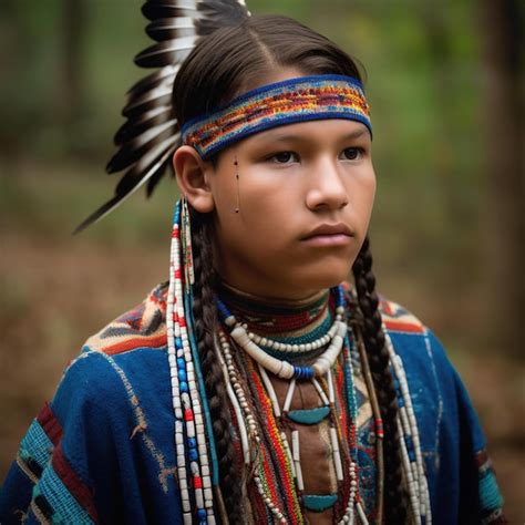 Un niño con un traje de nativo americano se para en el bosque Foto