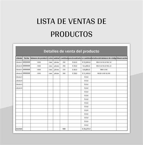 Plantilla De Excel Lista De Ventas De Productos Y Hoja De Cálculo De