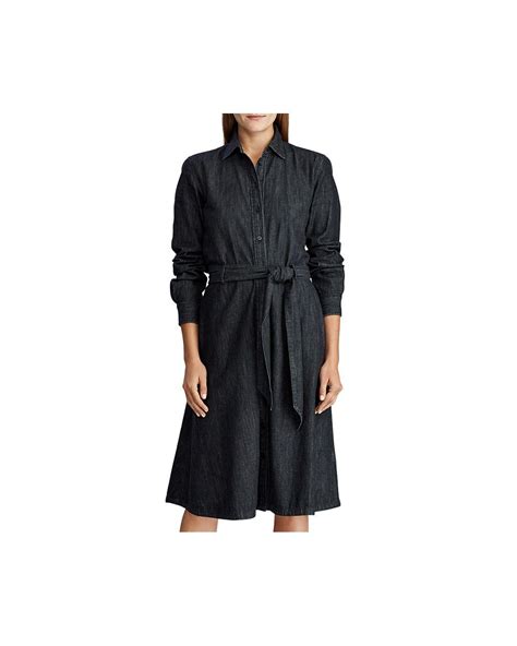 Ralph Lauren Lauren Denim Belted Shirt Dress In Black Lyst